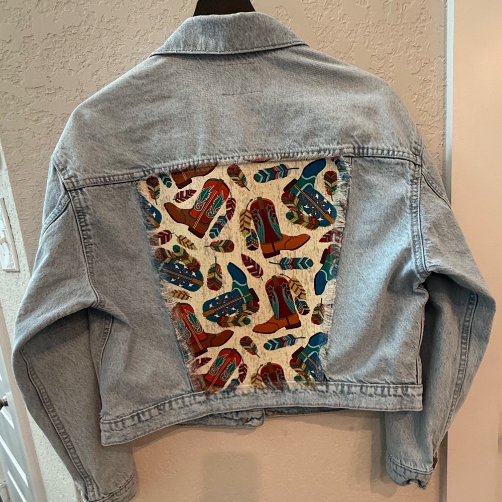 Blue Jean Demin Jacket with Colorful Boot Print Size Large